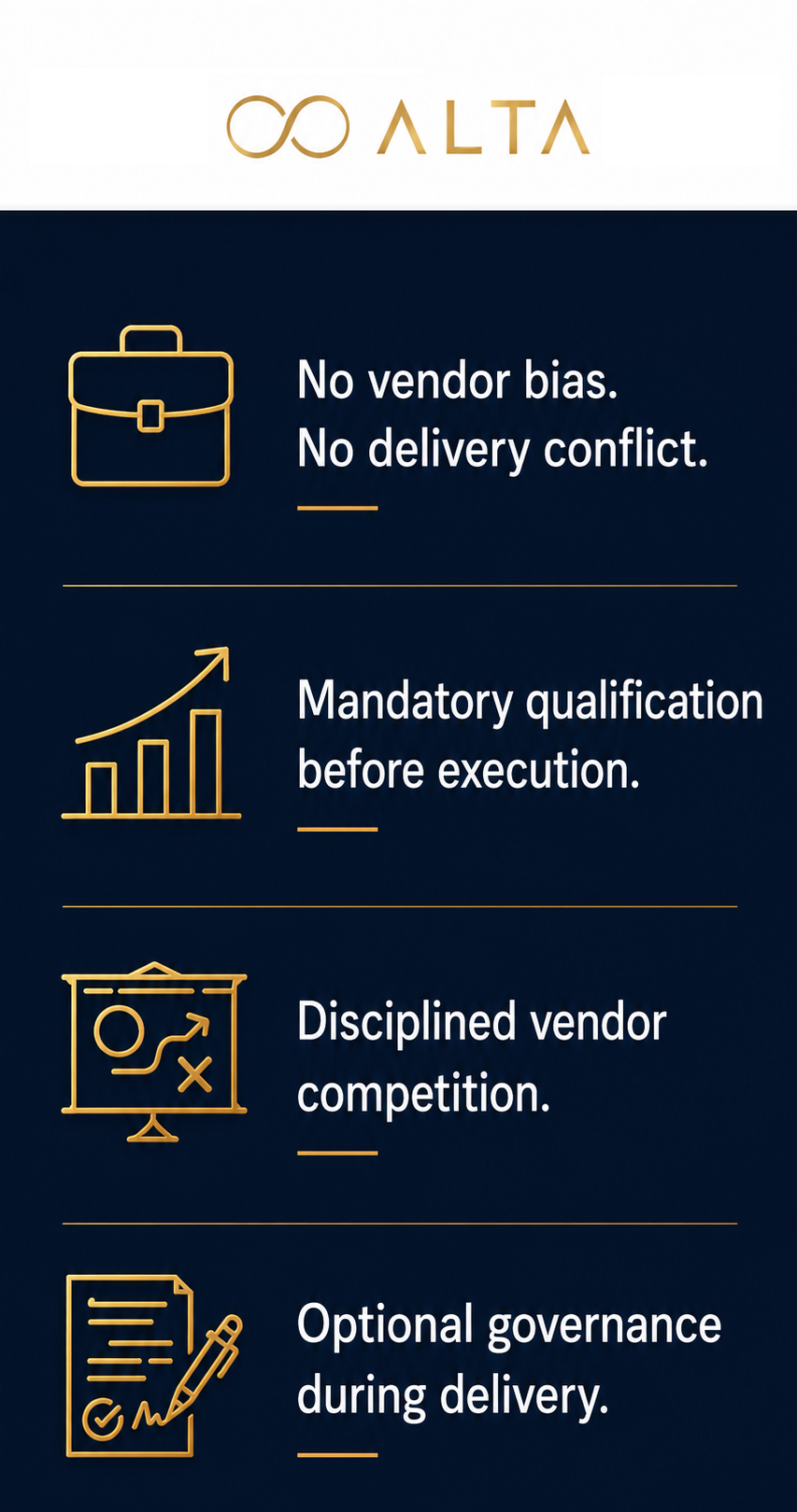 ALTA principles: no vendor bias, mandatory qualification, disciplined vendor competition, and optional governance during delivery.